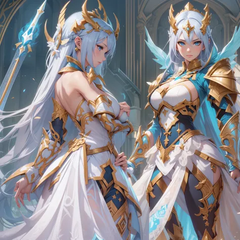 Masterpiece, Highest quality, Detailed face, CharacterDesignSheet，perfectly proportions，full bodyesbian，Full of details, Multiple poses and expressions, Highly detailed, Beautiful paladin girl，Valkyrie，Valkyrie，blue hairs，Dragons horn，ablaze with intensity...