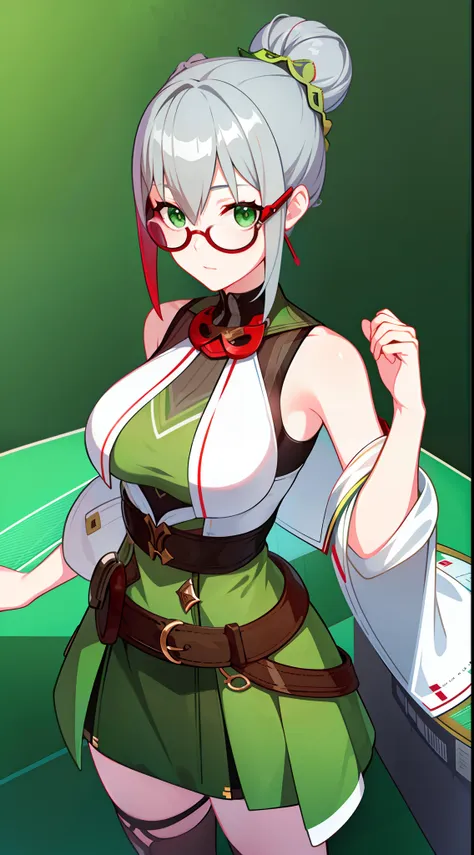 young girl, gray hair in one bun, green eyes, red glasses, green science dress, white elements, sleeveless, open breasts, book, ...