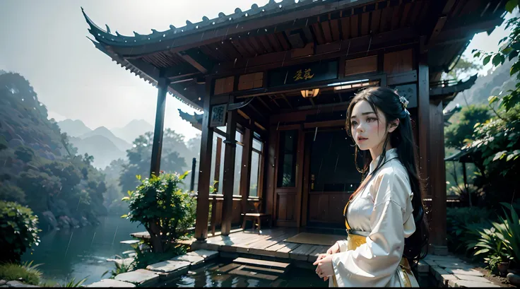 Best quality,Masterpiece,超高分辨率,Photorealistic,1 girl,White silk hanfu,Dripping eaves,stone,Thinking about the setting under the eaves,(Real rain),bamboo forrest,Small streams,Leaning_against a wall,in a panoramic view,(Dynamic Angle)，