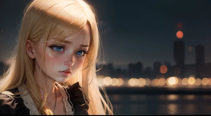 Abigail, a blonde hair young woman crying heavily at night, far view, from afar