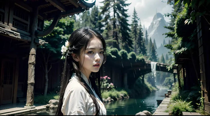 Best quality,Masterpiece,超高分辨率,Photorealistic,1 girl,White silk hanfu,Dripping eaves,stone,Thinking about the setting under the eaves,(Real rain),bamboo forrest,Small streams,Leaning_against a wall,in a panoramic view,(Dynamic Angle)，