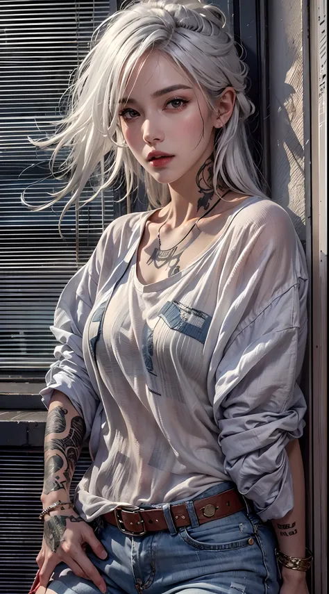 photorealistic, high resolution, 1women, mature female, solo, hips up, look at viewer, (detailed face), white hair, long hair, street wear, tattoo