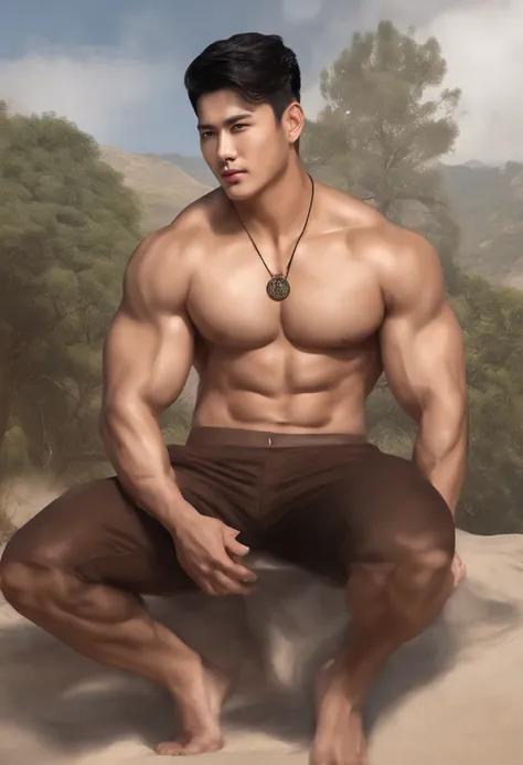 1 man，1 male，Asian male，Asian people，Realistic, (Masterpiece, Top quality, Best quality, offcial art), Very detailed, Most detailed, God, Short hair, Black hair, Handsome man, necklace, pectoral, Abs, Brown skin, Black eyes, Handsome， Muscular, ((Wide shou...