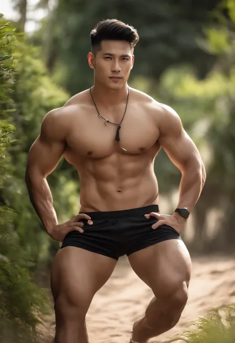 1 man，1 male，Asian male，Asian people，Realistic, (Masterpiece, Top quality, Best quality, offcial art), Very detailed, Most detailed, God, Short hair, Black hair, Handsome man, necklace, pectoral, Abs, Brown skin, Black eyes, Handsome， Muscular, ((Wide shou...