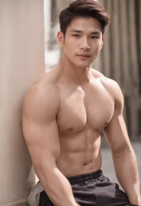 1 man，1 male，Asian male，Asian people，Realistic, (Masterpiece, Top quality, Best quality, offcial art), Very detailed, Most detailed, God, Short hair, Black hair, Handsome man, necklace, pectoral, Abs, Brown skin, Black eyes, Handsome， Muscular, ((Wide shou...