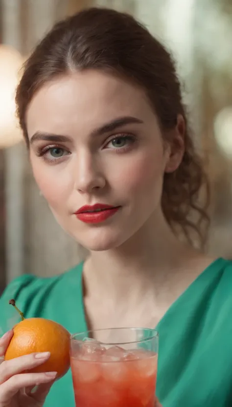 a young woman , fruit and cocktail, in the style of light red and light emerald, humorous imagery, wimmelbilder, close up,medium shot