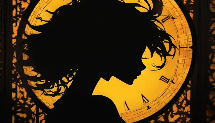 (Silhouette Art,cutouts:1.6)
(((Paper cutting art,A world where only black exists:1.3)

(Cowboy Shot),1 girl,Solo,
(Girl dressed as a witch,profile:1.2),white, Clear and beautiful face,Sunrise behind

break
(Yellow clock)
Textured glass background,Arcana W...