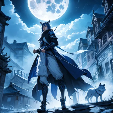 Blue samurai, ghost, walking with a wolf in a haunted village, night sky, full moon, realistic, Full HD, best quality