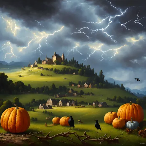 fantasy landscape, Gloomy gloomy sky, Horror, nuarnaya atmosphere,  on the Hilly Field, growing melon Creeping vine with three 100-pound large pumpkins, Clumsy Fence , In the center stands a lonely scarecrow
A stuffed animal on a stick and crows circle aro...