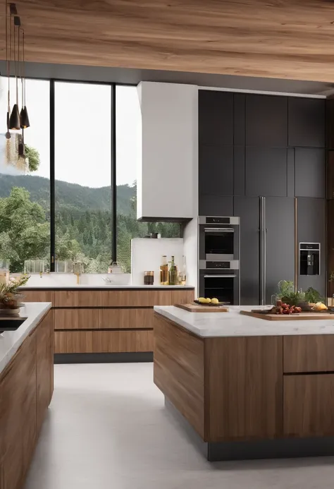 modern kitchen，Gorgeous renovation，refrigerator，cupboard，Wide scene，in a panoramic view，From the outside, hyper HD, High details