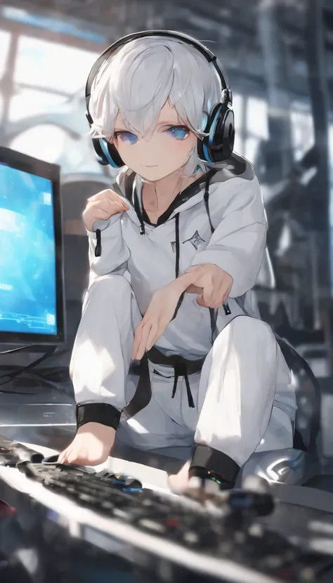 masutepiece, Best quality, Colorful, The boy with white hair, (((messy hair style))), 1 girl, Light blue strabismus, tusks, Touch the translucent panel, In dark voids filled with small glare particles, ((((White tracksuit, White shorts, Barefoot)))), Playi...