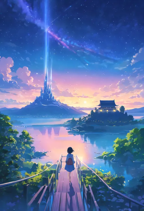 (masterpiece,more detail:1.1, best quality:1.3), (scenery:1.3), aurora theme, flying castle, lake, starry sky, night, makoto shinkai, perspective