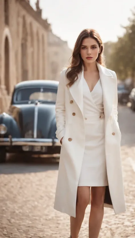 woman standing against car with white coat and white skirt, in the style of jessica drossin, normcore, fritz henle, detail-oriented, elina karimova, wimmelbilder, photo