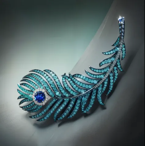 Round cut sapphire feather brooch，Set with green tsavorite and diamonds and sapphires，Color titanium process，White background image，photography of