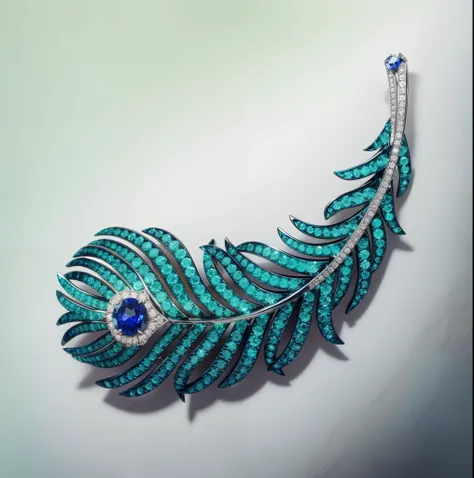 Round cut sapphire feather brooch，Set with green tsavorite and diamonds and sapphires，Color titanium process，White background image，photography of