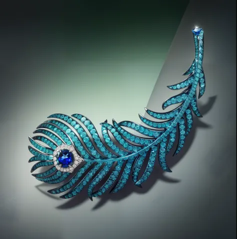 Round cut sapphire feather brooch，Set with green tsavorite and diamonds and sapphires，Color titanium process，White background image，photography of