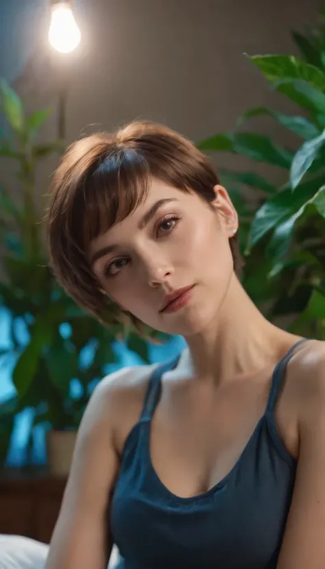 90s style short haired woman, on her back in her bedroom, side blue lighting, projected shadows, plants and bed in the background, close up shot, bokeh style, high quality photo,upper body