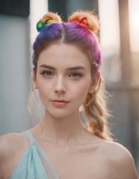 portrait of a woman, wearing organza , with rainbow colored pig tails hair , background stylish epic photo, studio lighting, hard light, sony a7, 50 mm, matte skin, pores, colors, hyperdetailed, hyperrealistic