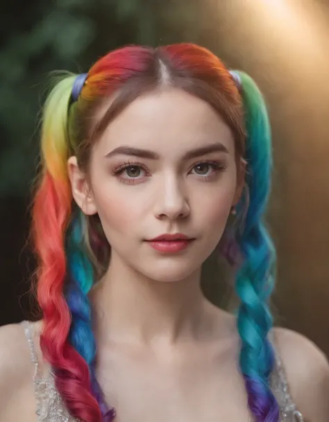 portrait of a woman, wearing organza , with rainbow colored pig tails hair , background stylish epic photo, studio lighting, hard light, sony a7, 50 mm, matte skin, pores, colors, hyperdetailed, hyperrealistic