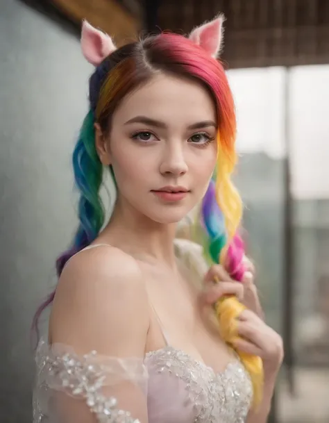 portrait of a woman, wearing organza , with rainbow colored pig tails hair , background stylish epic photo, studio lighting, hard light, sony a7, 50 mm, matte skin, pores, colors, hyperdetailed, hyperrealistic