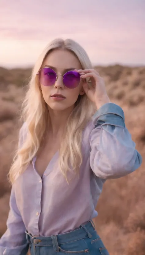 the blonde woman wearing pink sunglasses and blue denim, in the style of scarlett hooft graafland, pastel gothic, light indigo and purple, genderless, ansel adams, grandparentcore, tj drysdale