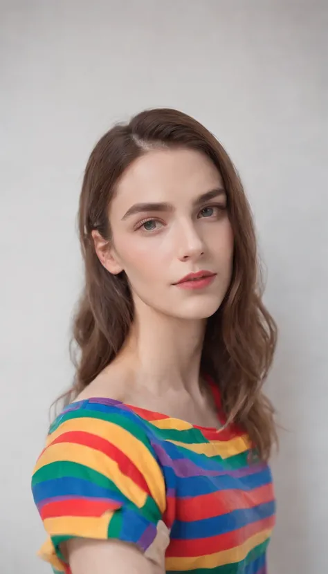 a girl wearing a rainbow shirt in front of a white wall, in the style of androgynous, made of rubber, uhd image, genderless, stockphoto, striped, byzantine-inspired