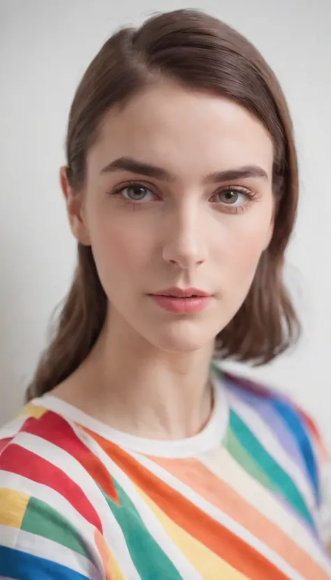 a girl wearing a rainbow shirt in front of a white wall, in the style of androgynous, made of rubber, uhd image, genderless, stockphoto, striped, byzantine-inspired