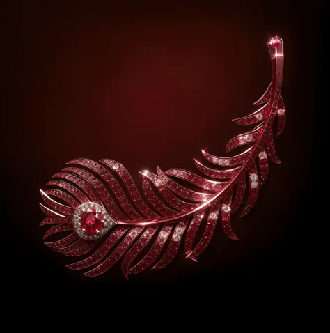 Round cut ruby feather brooch，Set with diamonds and rubies，Red titanium process，White background image，photography of