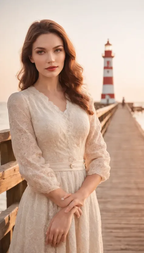 retro styled woman, on wooden pier, lighthouse and beach in the background, back lighting, vintage style pastel colors, bokeh style, half-length shot, vintage style colors, in the style of ultrafine detail, high quality photo