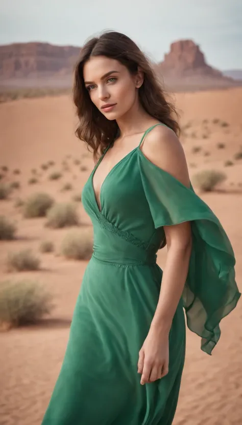 woman in green dress, desert in the background, poses dynamically, in the style of ultrafine detail, medium close up, vibrant colors, high quality photo, 135 mm f/22