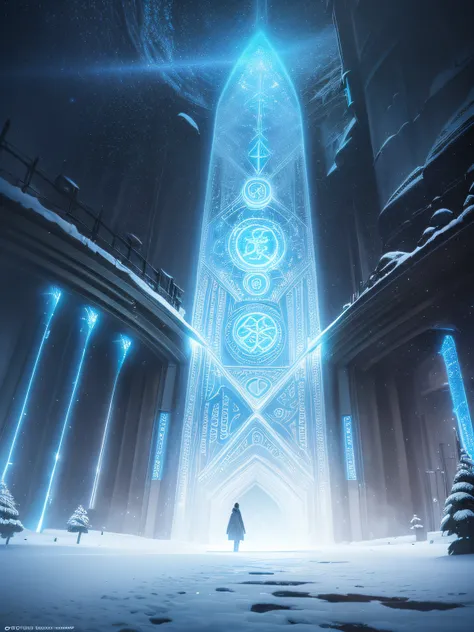 a giant circular tunnel in the snow, it is adorned with glowing runes, translucent neon 4k highly detailed digital art, the 8k stunning artwork, 8 k high detail concept art, fantasy art, shot, (wide-angle shot), (RAW, analogue, Nikon Z 14mm ultra-wide angl...