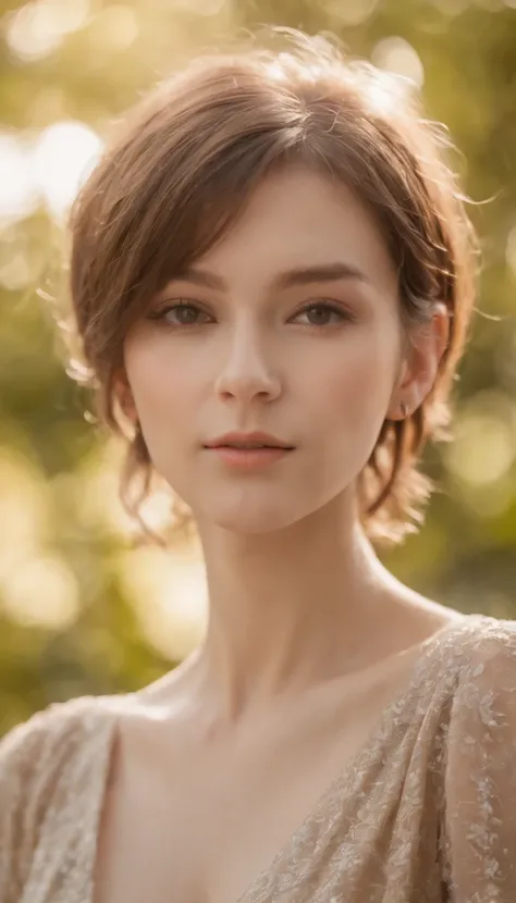 a lady with short hair is in natural sunlight., in the style of eye-catching resin jewelry, tokina at-x 11-16mm f/2.8 pro dx ii, light beige and orange, yigal ozeri, edogawa ranpo, dotted, pensive stillness