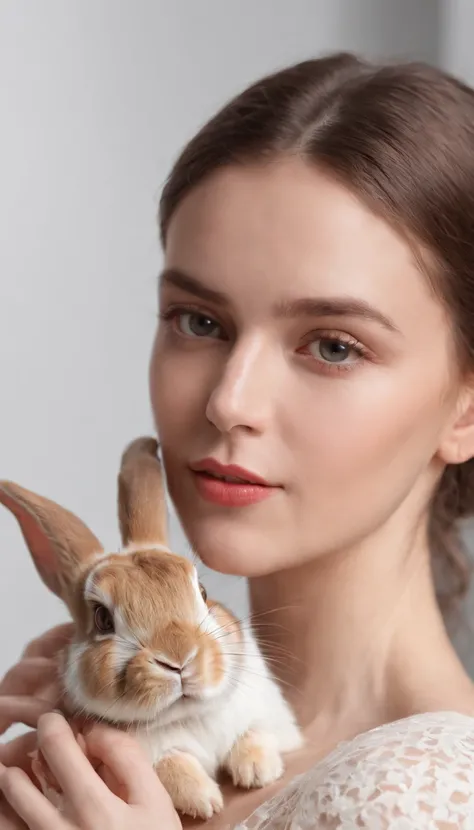 a young woman posing with a rabbit, in the style of 4k, pop colorism, close-up shots, studio portrait, white color palet. a young woman posing with a rabbit, in the style of 4k, pop colorism, close-up shots, studio portrait, white color palet