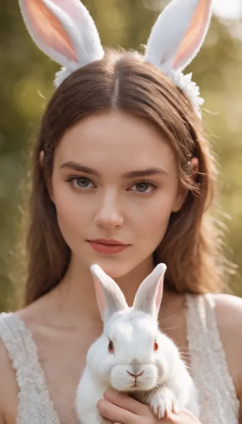 a young woman posing with a rabbit, in the style of 4k, pop colorism, close-up shots, studio portrait, white color palet. a young woman posing with a rabbit, in the style of 4k, pop colorism, close-up shots, studio portrait, white color palet