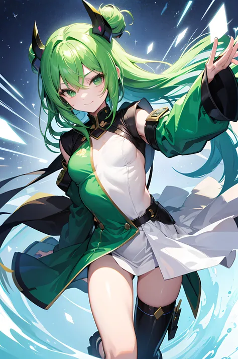 ​masterpiece、A smile、1girl in、Fulll body Shot（Full body shot）、Green hair、Green costume、a cool、Stylish、shinny skin、Kawaii Girl、Challenging face、a cool、Strong、long、action、独奏、Green eyes、Cool Girl、full body Esbian、white backgrounid、simple background、solidbackg...