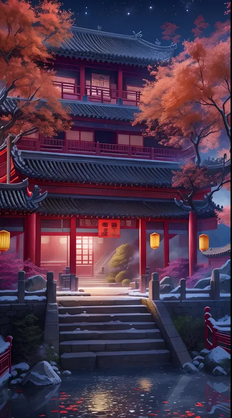 Rendering in surreal CG ancient China，Jiangnan ancient buildings and ancient towns have Yaolin wonderland。the night，The stars are bright，The smoke is fascinating，Maple leaves and milk leaves are trees。snow landscape。k hd