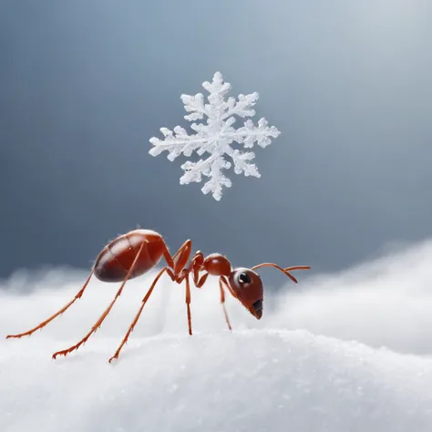 an ant standing on the snowy land is trying to touch the snowflake dropping from the air