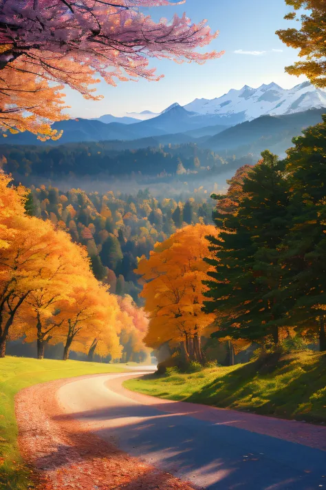 Road painting with trees and mountains as background, autumn mountains, autumn forest, autumn light, dramatic autumn landscape, soft autumn sunlight, rich picturesque colors, colorful autumn trees, melancholy autumn light, Beautiful forest, Autumn light co...