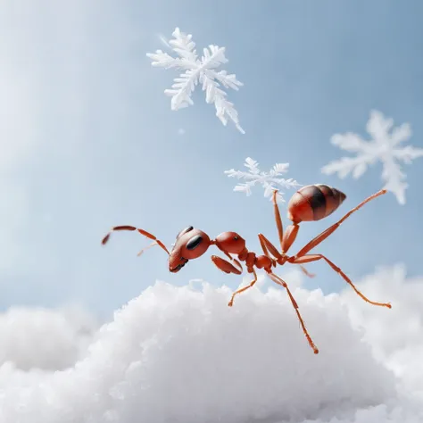 an ant standing on the snowy land is trying to touch the snowflake dropping from the air