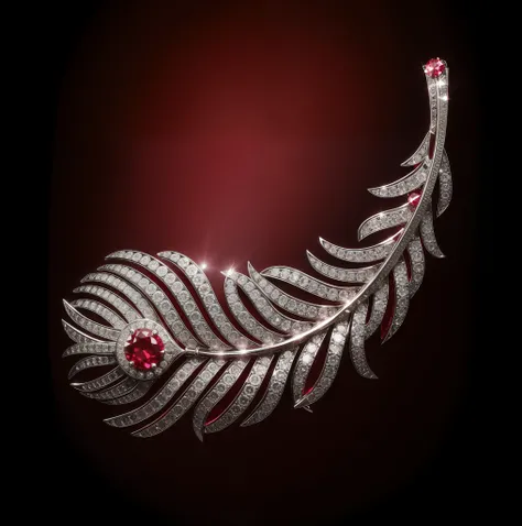 Round cut ruby feather brooch，Set with diamonds, Red Jewel，White background image，photography of