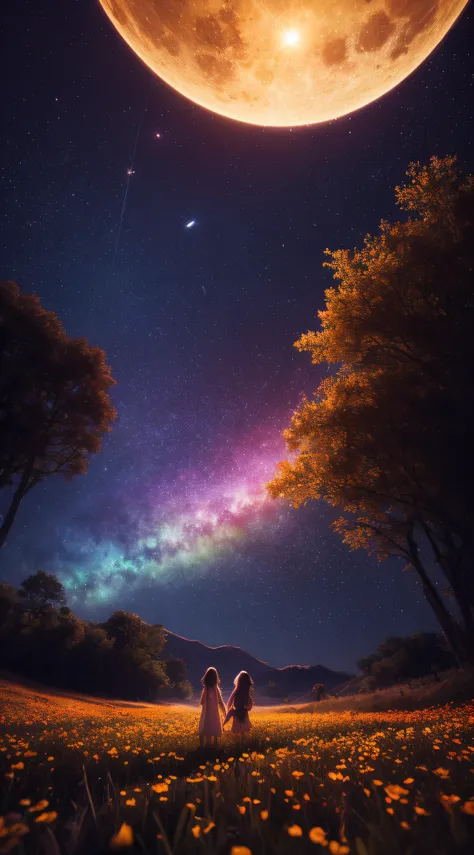 Vast landscape photo, (viewed from below, the sky is above and the open field is below), a girl standing on a flower field looking up, (full moon: 1.2), (meteor: 0.9), (nebula: 1.3), distant mountains , Trees BREAK Crafting Art, (Warm Light: 1.2), (Firefli...