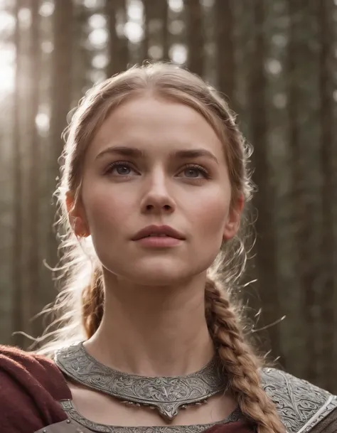 a beautiful Heroic young Nordic woman, warrior looking at viewer, shy, best quality