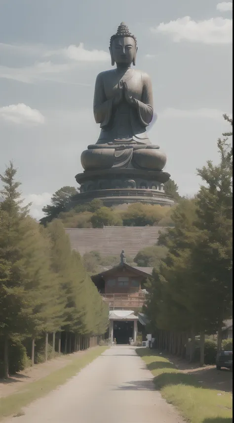 A giant tall Buddha statue in the distance，Pilgrims on the road