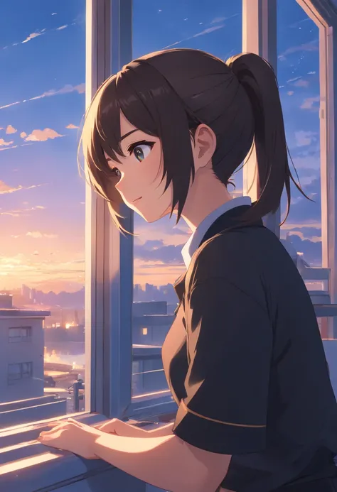 A girl with a ponytail，and love to laugh，adolable，black uniforms，Interact with kittens，Late afternoon，evening light，Lie on the windowsill，Looking Up The Sky