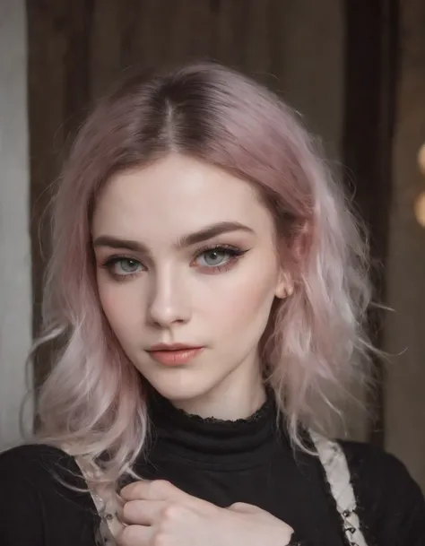 RAW photo, photograph of a Québécoise 22 years old woman, (detailed facial features), gorgeous face, grunge style, standing in her messy bedroom, pale skin, wearing eyeliner, grainy, (high detailed skin:1.2), pastel goth, scene hair, (emo girl), teased hai...