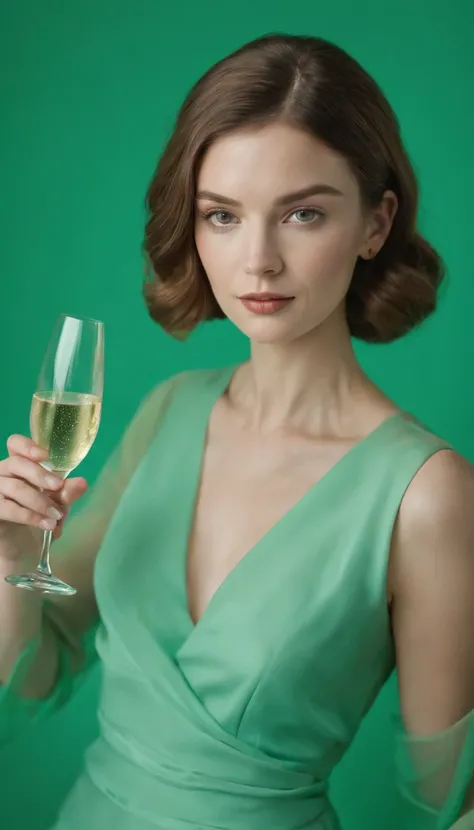 a young woman holding a champagne flute on a green background, in the style of carl kleiner, buckminster fuller, loretta lux, high quality photo, wavy resin sheets, gold and cyan, digital symmetry