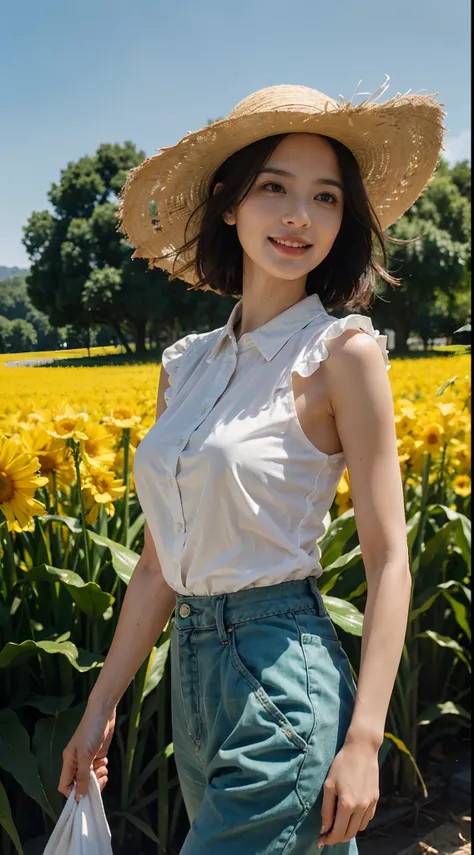 8K，masterpiece，best quality，In the corn field,Very high corn stalks，In the afternoon,very bright sunshine，A girl，Extremely detailed facial details，（shoulder length black straight short hair：1.2），Wearing a straw hat，smile，happy，Her face was covered in sweat...