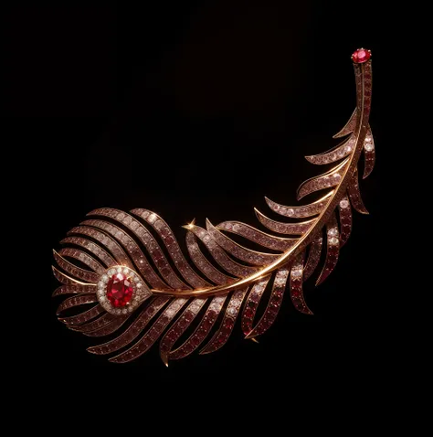 Round cut ruby feather brooch，Set with diamonds and rubies，Red gold craftsmanship，white backgrounid，photography of