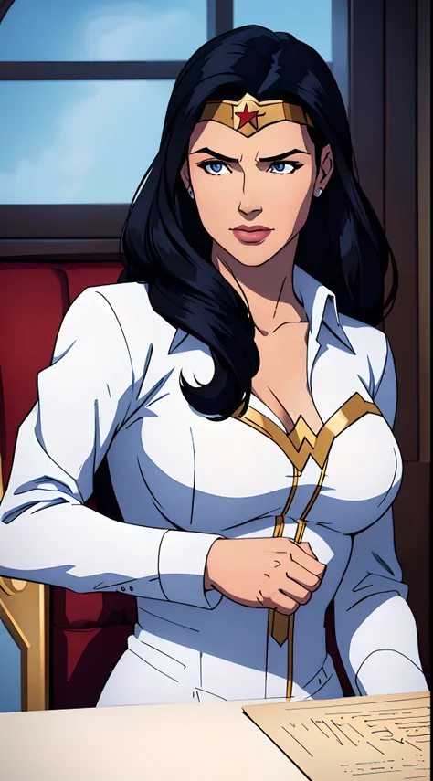 1 woman, solo, Diana Prince (Wonder Woman), mommy, strong, breast, upper body shot, skycrapers, ((masterpiece)), female focus, long hair, black hair, flowing hair, white formal shirt, face focus, soft smile,