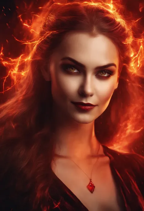 1girl, flying hair, red eyes, fire witch, blood on face, light particles, lightning rays, wallpaper, colorful, high contrast, vampire, smirk, evil smile, psychopathic smirk, psychopathic smile, tilted head